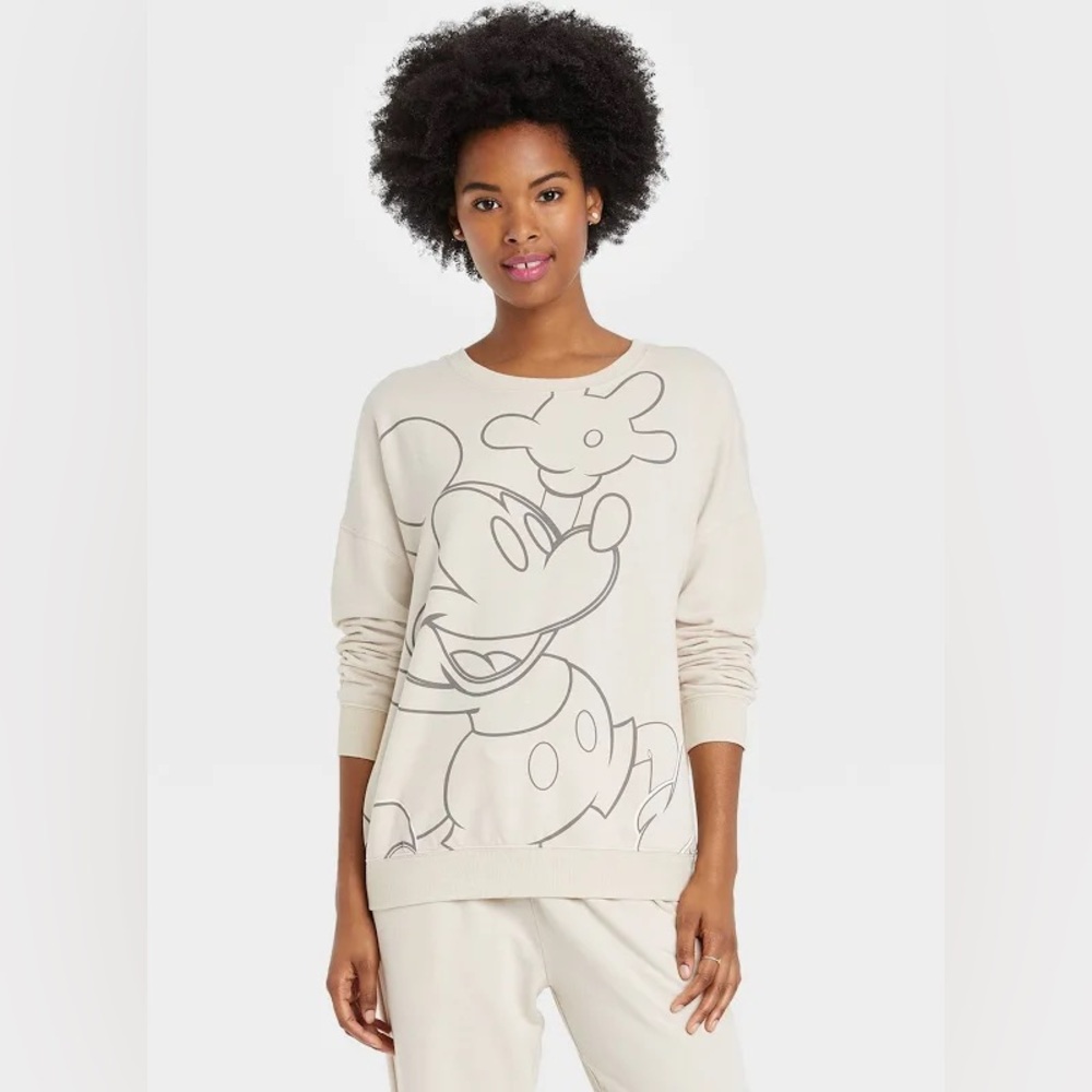 🤎 Women’s Disney Mickey Mouse Logo Cream Oversized Pullover Sweater Sz Small